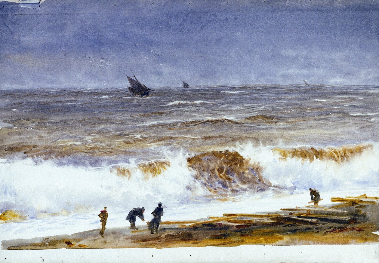 Pláž Berck sur mer (Berck-sur-Mer) (Francie) s rozbouřeným mořem a postavami na pláži. Akvarel, po roce 1890, William Lionel Wyllie (1851-1931). od William Lionel Wyllie