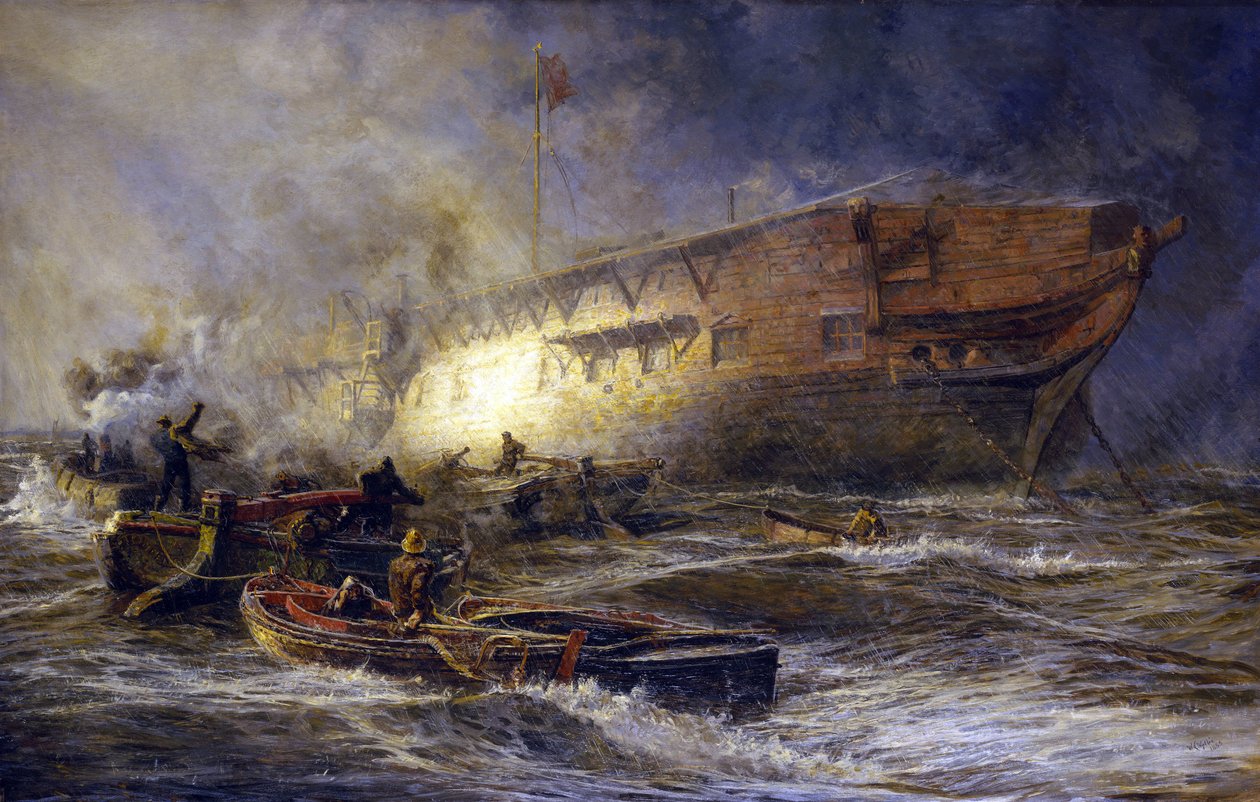 Fregata "Leonidas", kotvící poblíž Upnoru na Medway (Anglie), manévruje proti bouři a slunci. Olej na plátně od William Lionel Wyllie