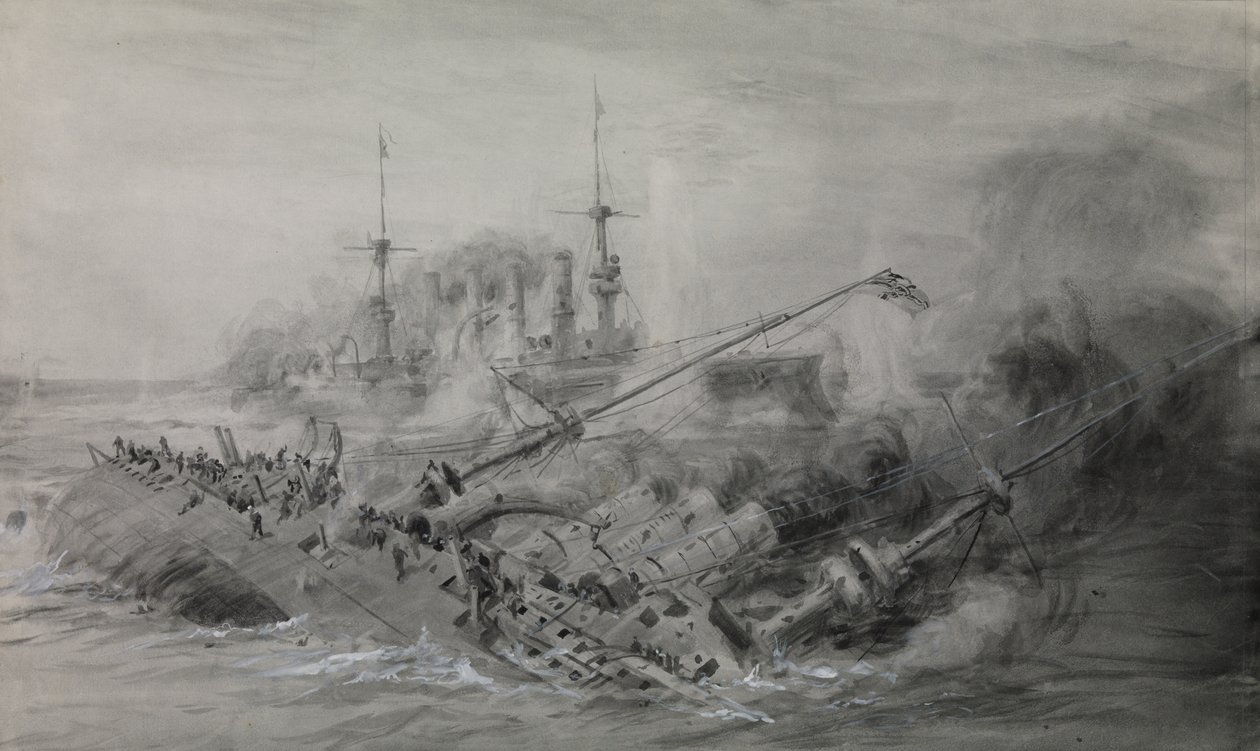 Poslední z lodí "Scharnhorst" a "Gneisenau"; bitva u Falklandských ostrovů, 8. prosince 1914, asi 16.15, asi 1915-18 (wash, šedá, zvýrazněná bílou) od William Lionel Wyllie