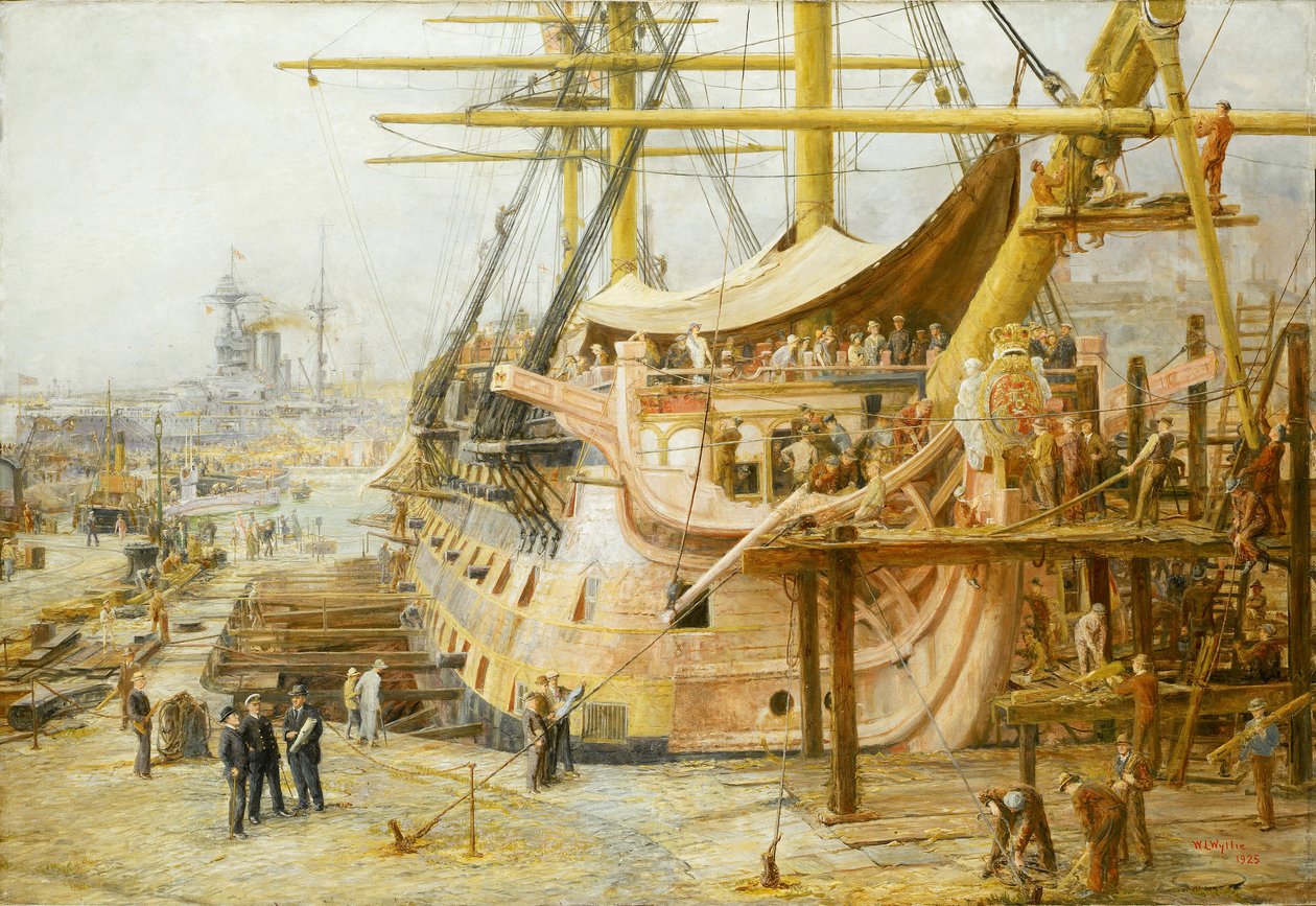 Obnova lodi HMS "Victory" v docích v Portsmouthu (Anglie) po zahájení rozsáhlé národní finanční akce na záchranu lodi z vítězství u Trafalgaru (1805), loď byla vrácena na vodu v dubnu 1925. od William Lionel Wyllie