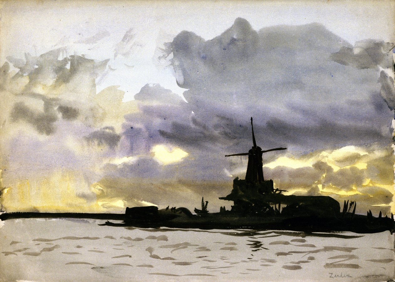 Větrný mlýn v Zaandamu severně od Amsterdamu (Nizozemsko). Akvarel od William Lionel Wyllie
