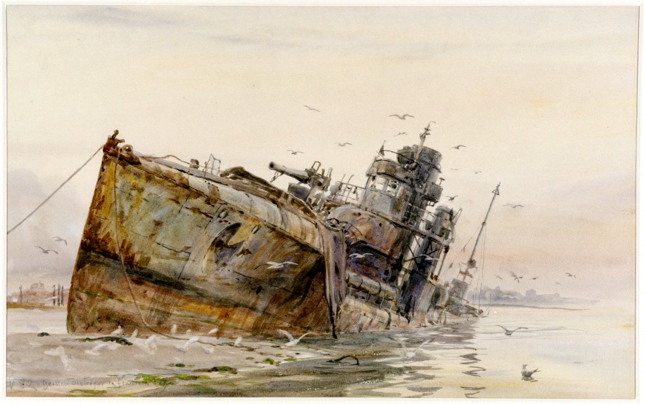 "Německý torpédoborec V82 ve Fontánovém jezeře", asi 1920-22 (akvarel) od William Lionel Wyllie