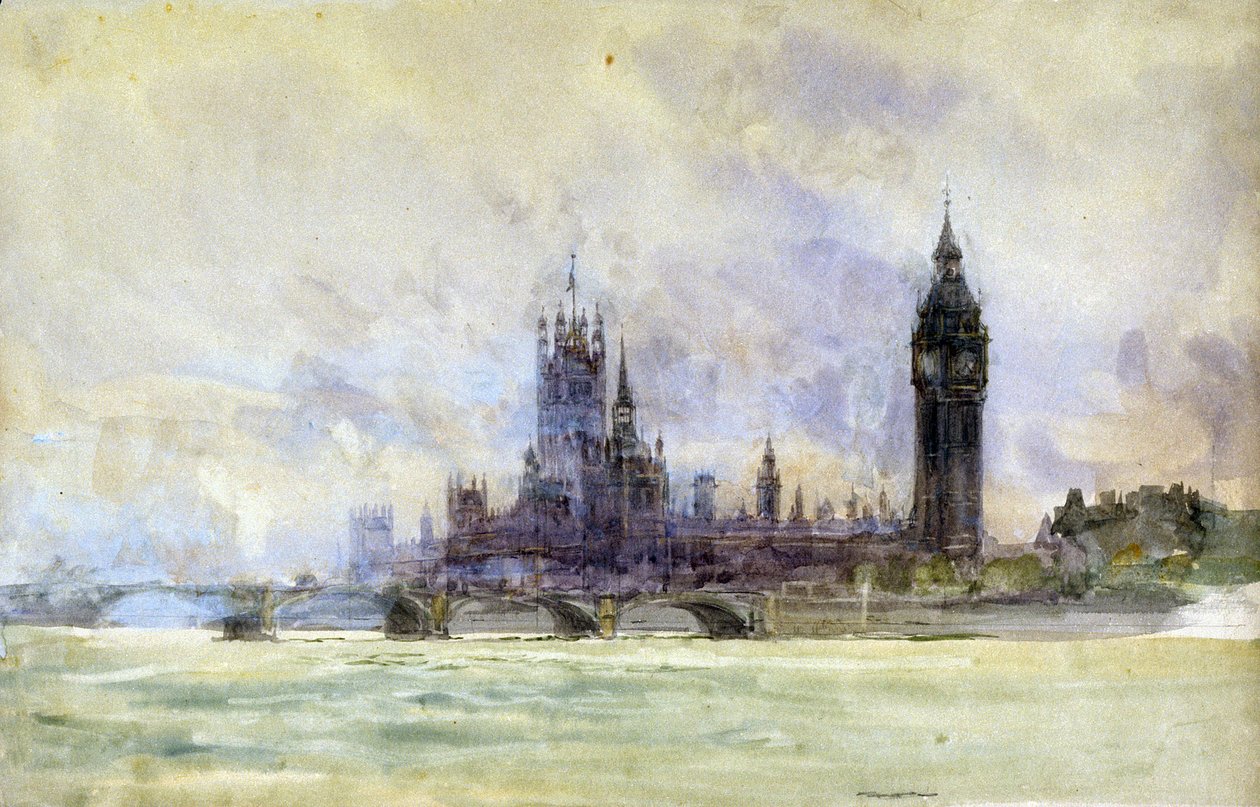 Westminsterský most, Parlament a Big Ben v Londýně (Anglie). Akvarel, konec 19. a začátek 20. století, autor William Lionel Wyllie (1851-1931). od William Lionel Wyllie