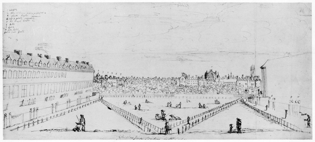 Lincolns Inn Fields, cca 1660 (kresba perem a tuší) od William Lodge