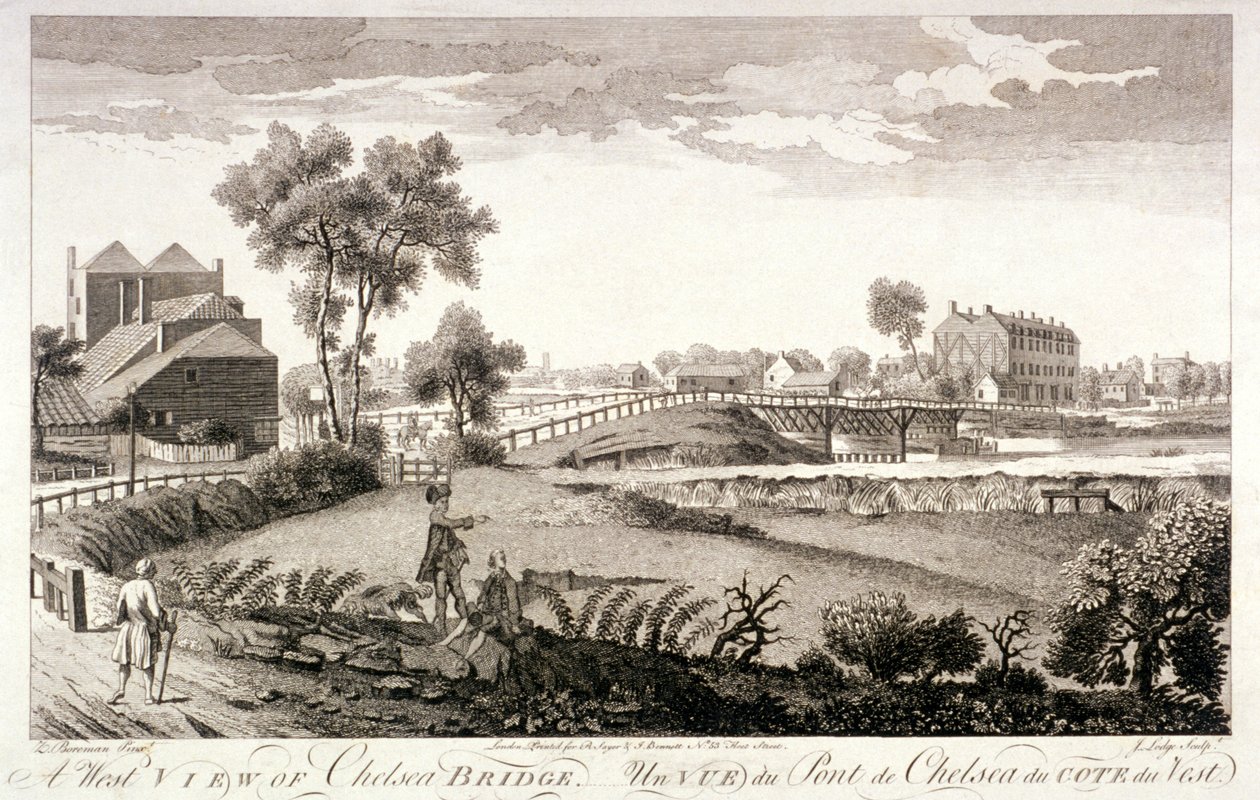 Západní pohled na Chelsea Bridge, Londýn, c1760 od William Lodge