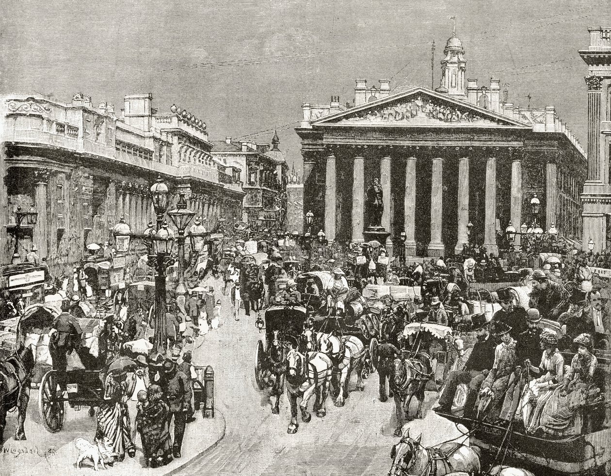 Bank of England a Royal Exchange v devatenáctém století, z „Obrázky Londýna: Kreslené perem a tužkou“, od reverenda Richarda Lovetta, vydáno 1890 od William Logsdail