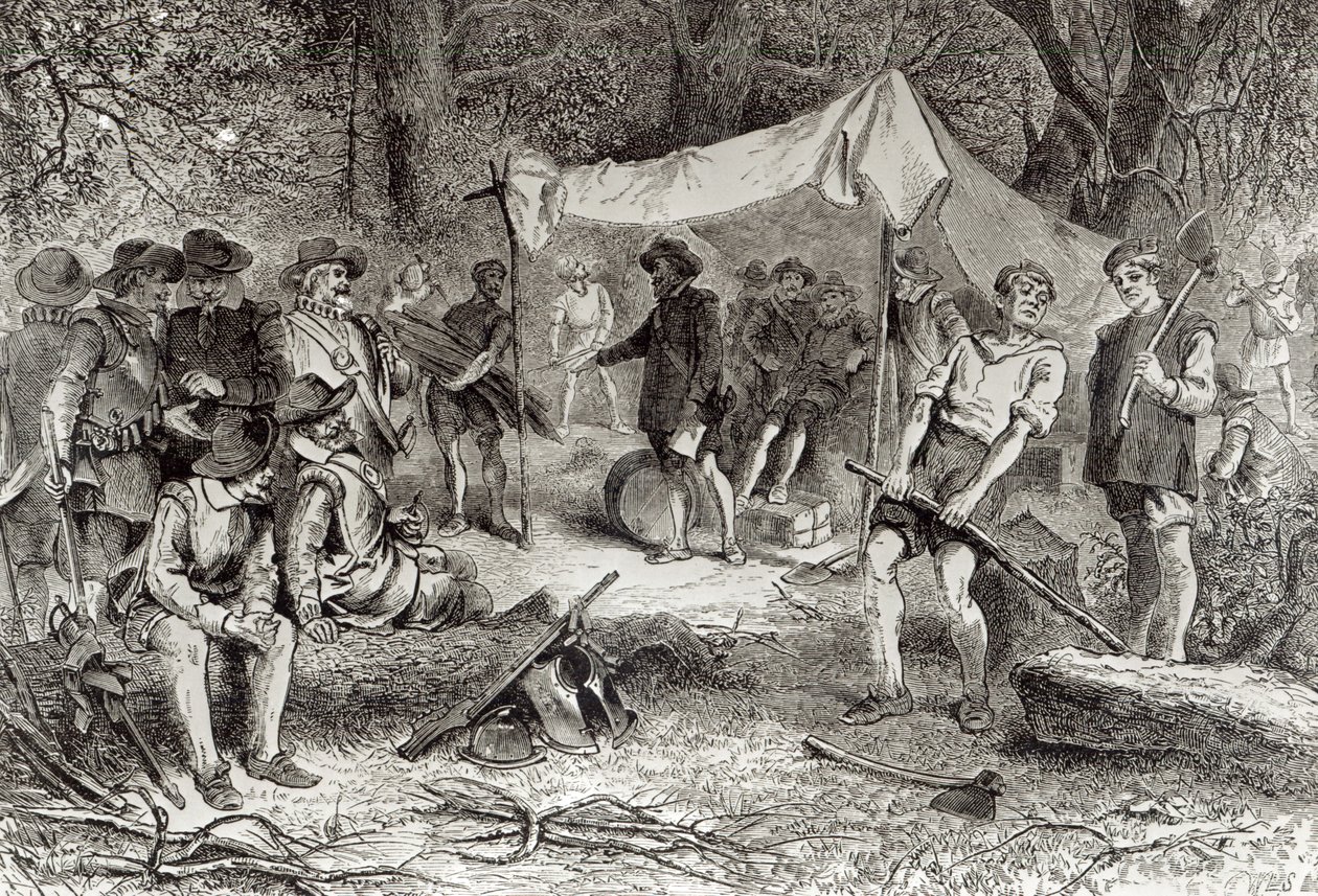 První den v Jamestownu, 14. května 1607, z „Romance a tragédie pionýrského života“ od Augustuse L. Masona, 1883 (rytina) (foto Bundw) od William Ludlow Sheppard