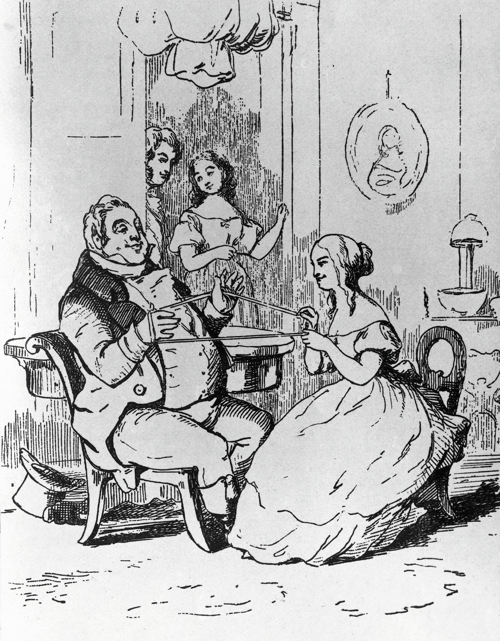 Mr Joseph Sedley entangled by Becky Sharp, ilustrace k 1. kapitole Vanity Fair, román Williama Makepeace Thackeraye (1811-1863), rytina podle kresby Williama Makepeace Thackeraye (1811-1863), vydáno v Chicagu v roce 1882 od William Makepeace Thackeray