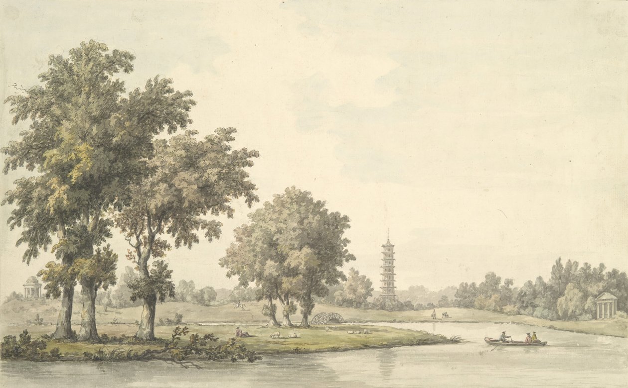 Pohled na jezero a ostrov z trávníku v Kew, 1763. od William Marlow