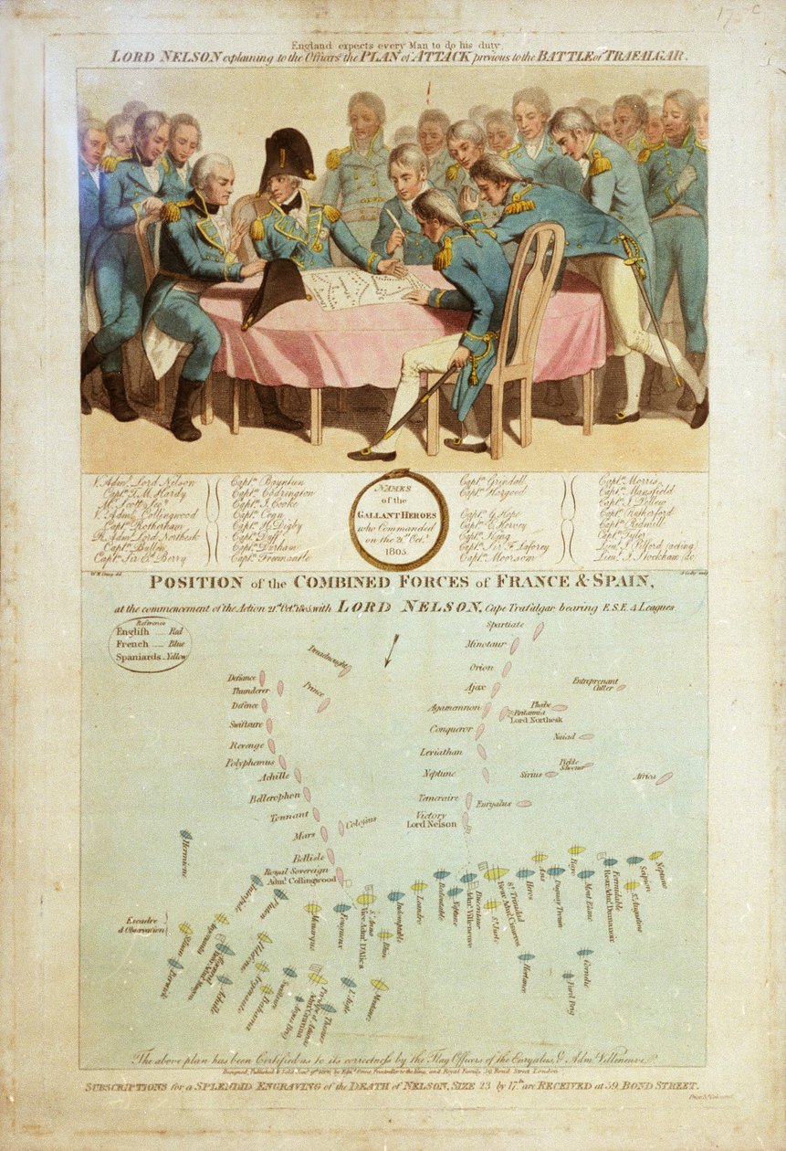 "Lord Nelson vysvětluje důstojníkům plán útoku před bitvou u Trafalgaru od William Marshall (after) Craig