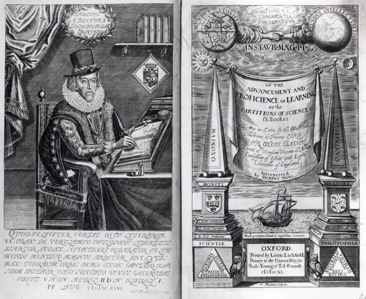 Frontispis a titulní strana z „Instauratio Magna“ od Francise Bacona, 1640 od William Marshall