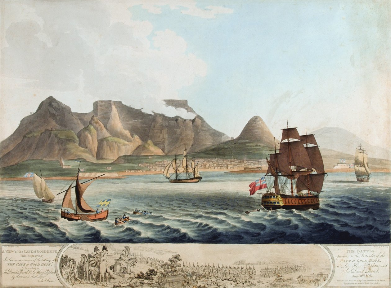 Pohled na Mys Dobré naděje...Bitva před kapitulací...8. ledna 1806 (barevná akvatinta) od William Marshall Craig