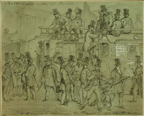 Omnibusy v Bank, devět hodin ráno, úředníci přijíždějící do Bank of England od William McConnell