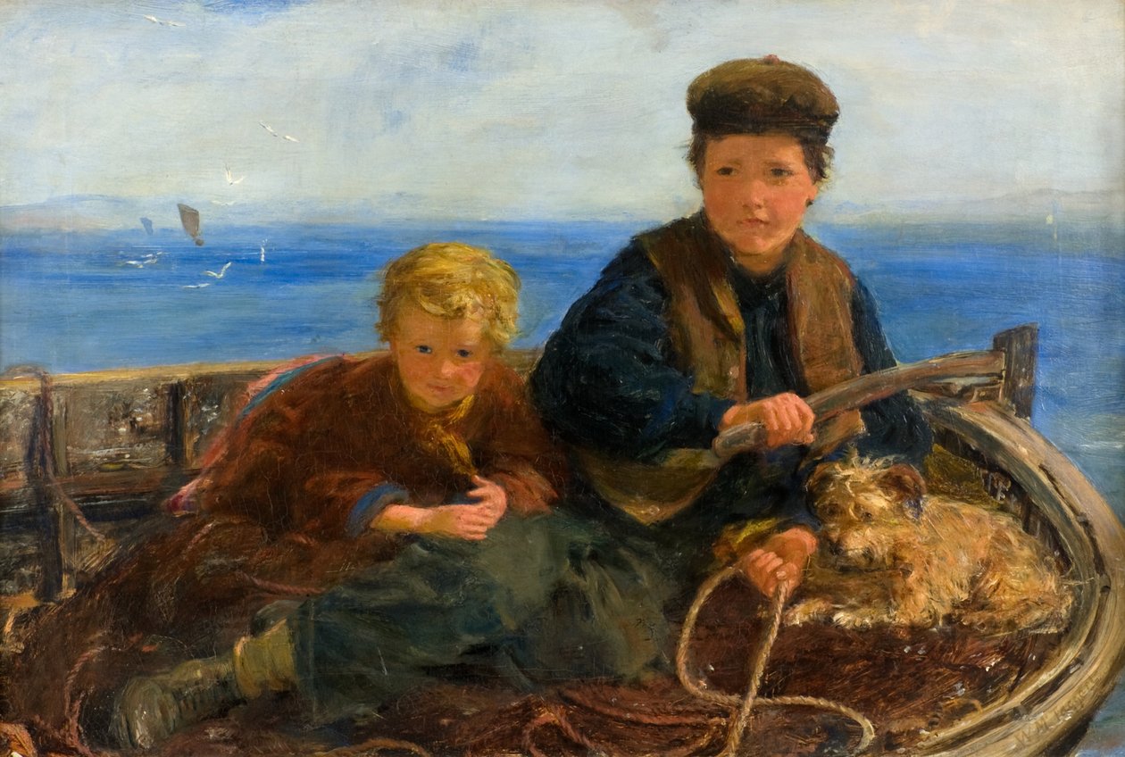 Dva chlapci a pes ve člunu, kolem roku 1871 (olej na plátně) od William McTaggart