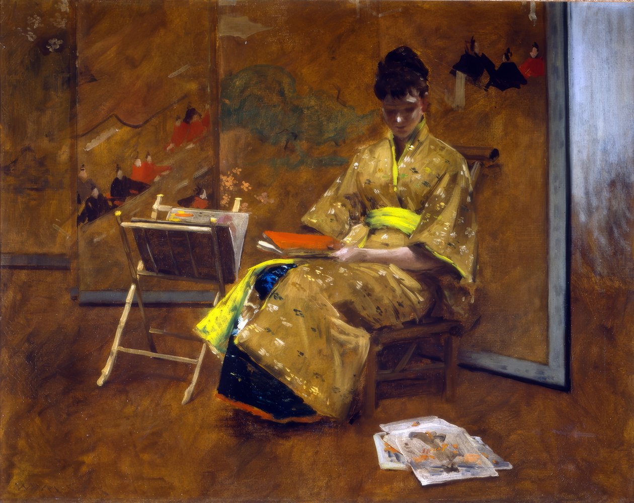 Dívka v japonských šatech. Kimono cca. 1887. od William Merritt Chase