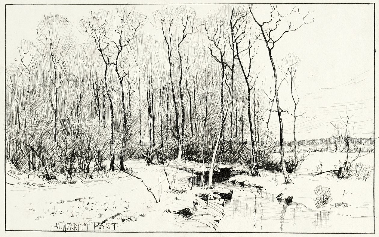 Zimní krajina bez názvu (pero a inkoust na papíře) od William Merritt Chase