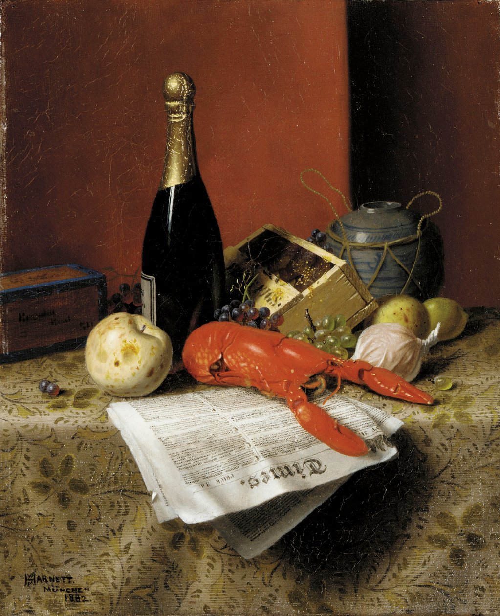 Zátiší s humrem, ovocem, šampaňským a novinami, 1882 od William Michael Harnett