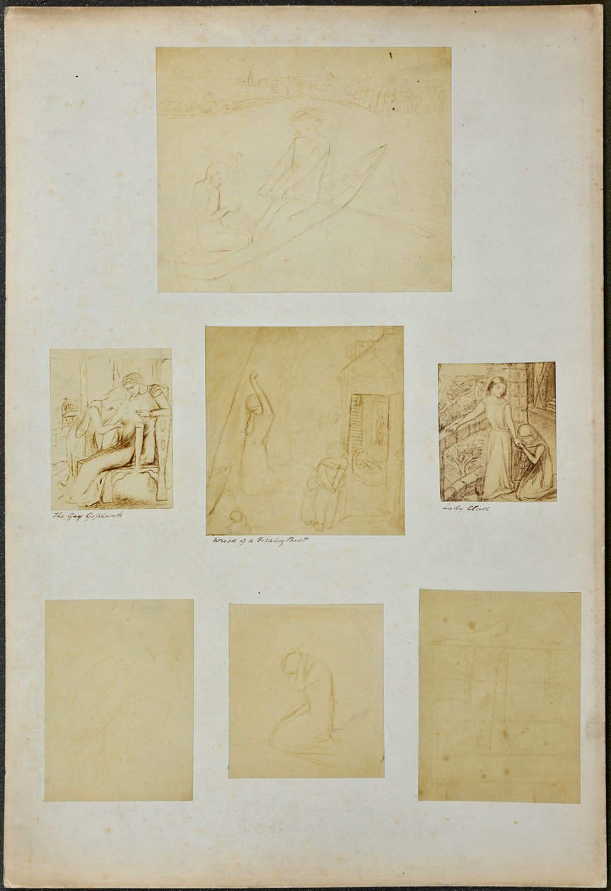 Studie k filmům "The Gay Goshawk", "Wreck of a Sailing Boat", "Lady Clare" a dalším skicám. od William Michael Rossetti