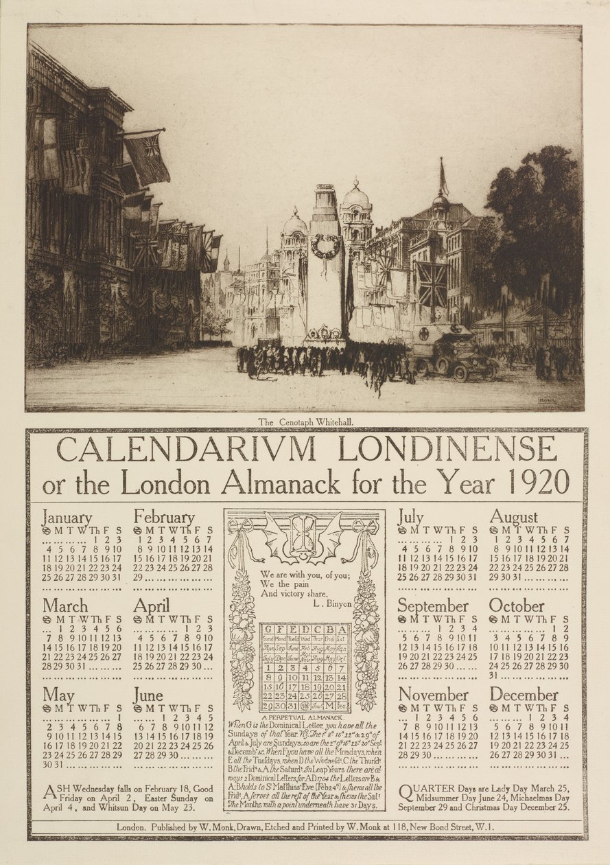 Calendarium Londinense, neboli londýnský almanack pro rok 1920, převýšený pohledem na Cenotaph, Whitehall, 1919 od William Monk
