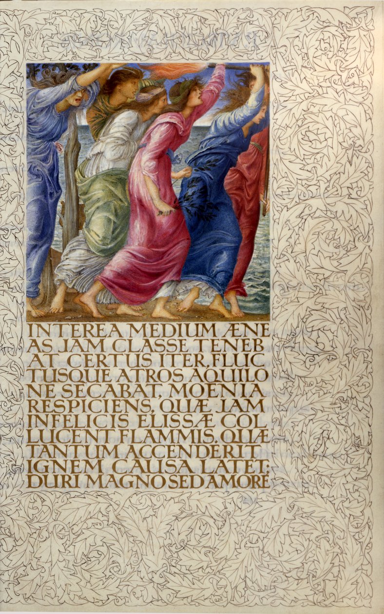 Hořící lodě, ilustrace z „Venuše a Aeneas“, otevření první knihy Vergiliovy „Aeneidy“ od William Morris