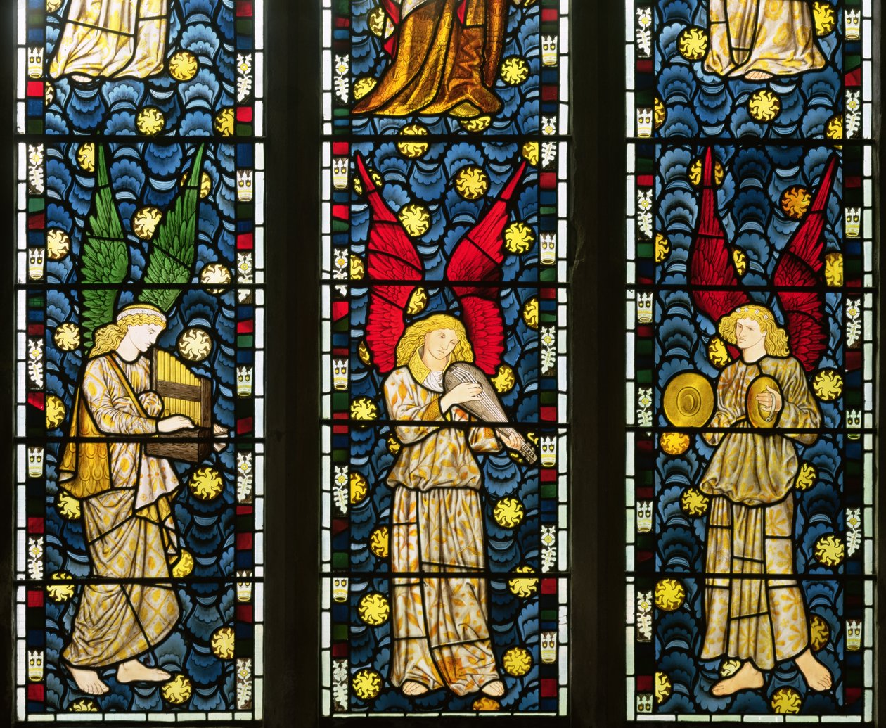 Hudební andělé, detail dolní poloviny okna andělů, 1869 detail barevného skla z 120165 od William Morris