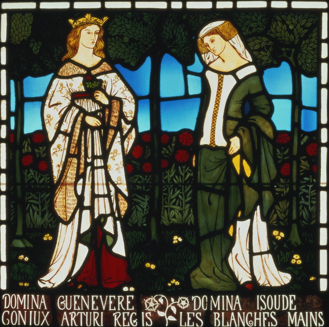 Královna Guinevere a Isolda bílých rukou, z „Příběhu Tristana a Isoldy“, William Morris und Co., 1850 (vitráže) od William Morris
