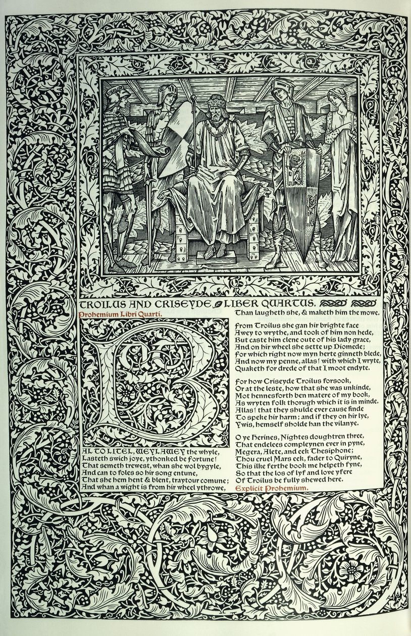 Scéna z "Troilus a Criseyde", historická iniciála "B", rukopis s plným okrajem stránky, 1896 od William Morris