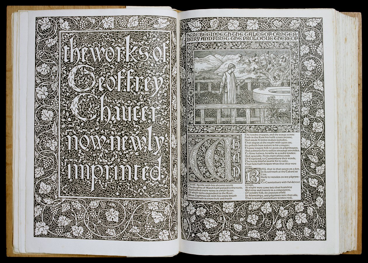 Titulní strana a frontispice z „The Works of Geoffrey Chaucer“, vydané v roce 1896 nakladatelstvím Kelmscott Press (dřevořez) od William Morris