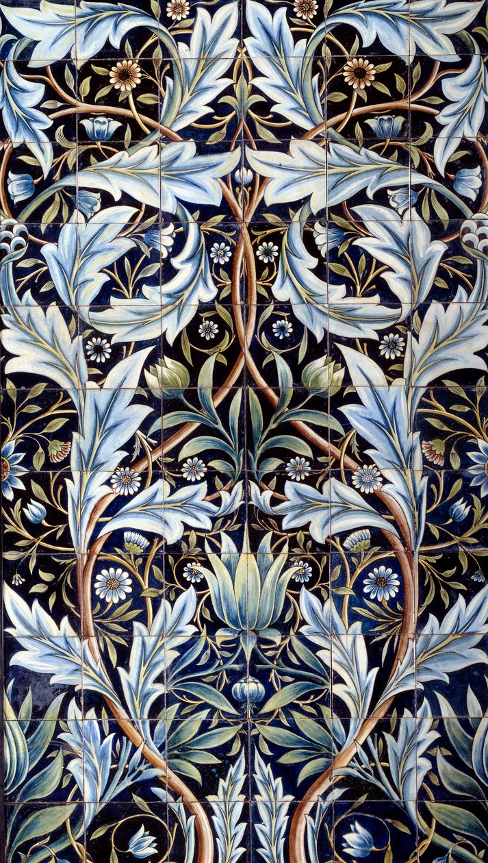 Nástěnný obkladový panel (66 dlaždic) vyrobený Williamem Morrisem (1834-1896) a Williamem Frendem de Morganem (1839-1917) ve fajánsu. Z Membland Hall pro Edwarda Charlese Baringa. Chelsea, Anglie. 1876-1877 Ne. 1x635 m Paříž, musee d