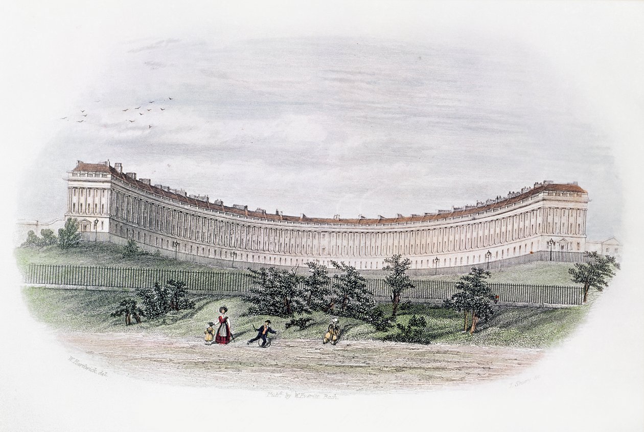 Royal Crescent, Bath, z parku, ryl J. Shury, c.1840 od William N. Hardwick of Bath