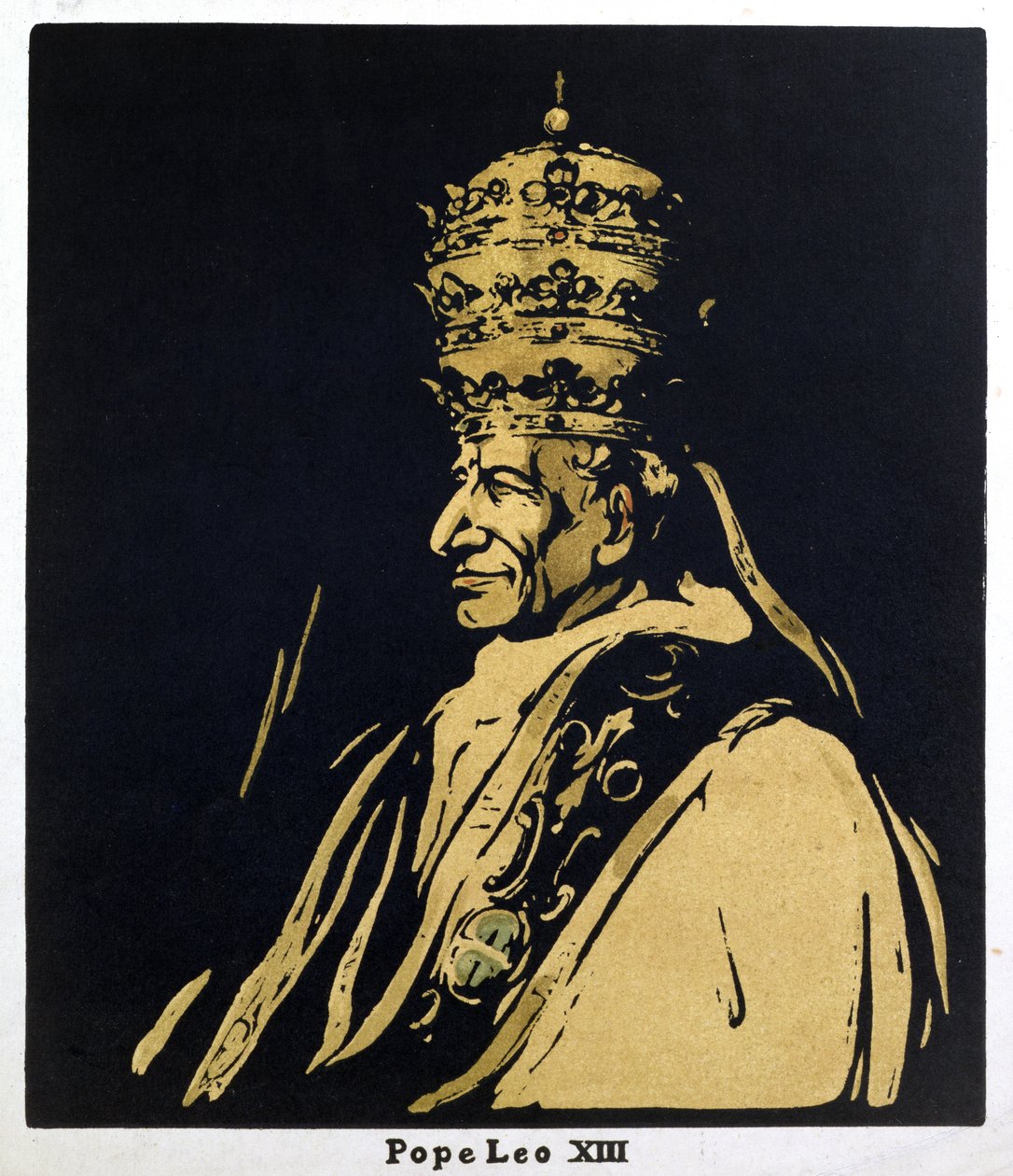 Papež Lev XIII., Gioacchino Vincenzo Raffaele Luigi Pecci (1878-1903) ilustrace z „Dvanáct portrétů – druhá řada“, vydané v roce 1899 (ručně kolorovaný dřevořez) od William Nicholson