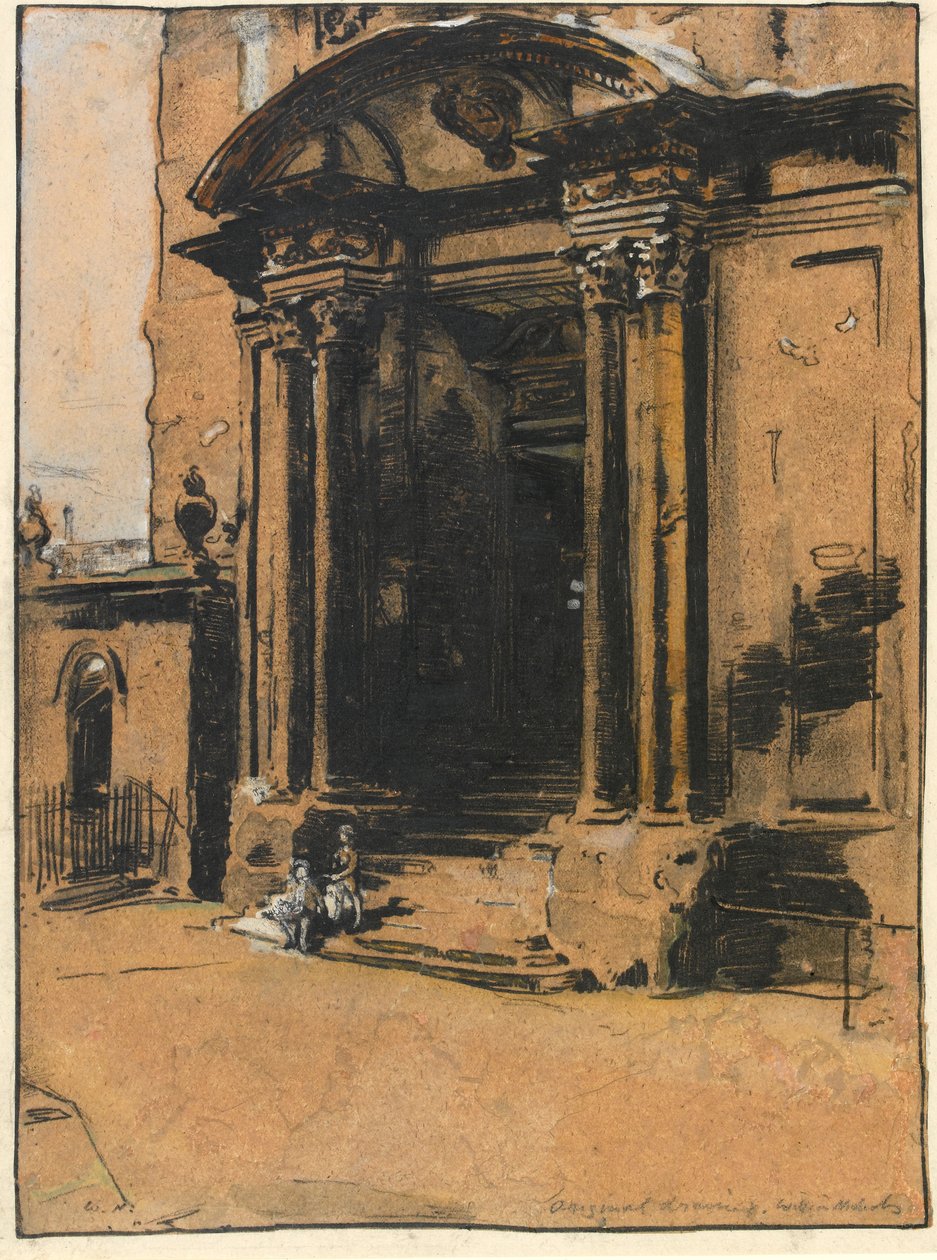 The Doorway of the Old Ashmolean Museum, Oxford (pero a inkoust, černá křída a mytí s bílým zvýrazněním na pauzovacím papíru) od William Nicholson