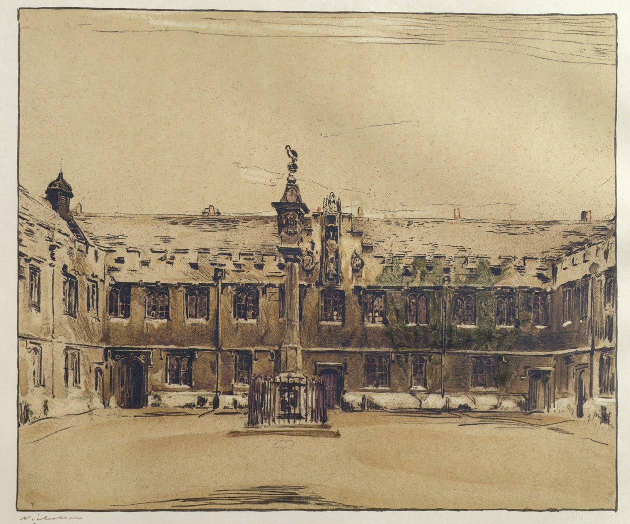 The Front Quad z Corpus Christi College, Oxford (pero a inkoust s mytím na papíře) od William Nicholson