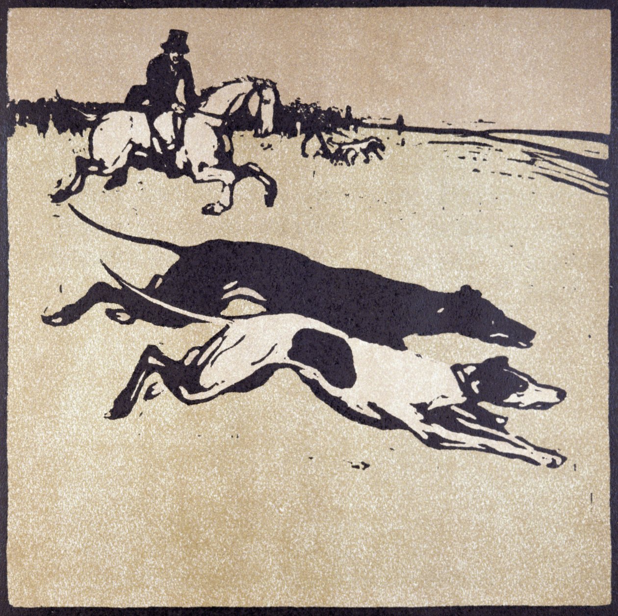 Měsíc únor: Hare Coursing, z „Almanachu dvanácti sportů“, se slovy Rudyarda Kiplinga, poprvé publikoval William Heineman od William Nicholson
