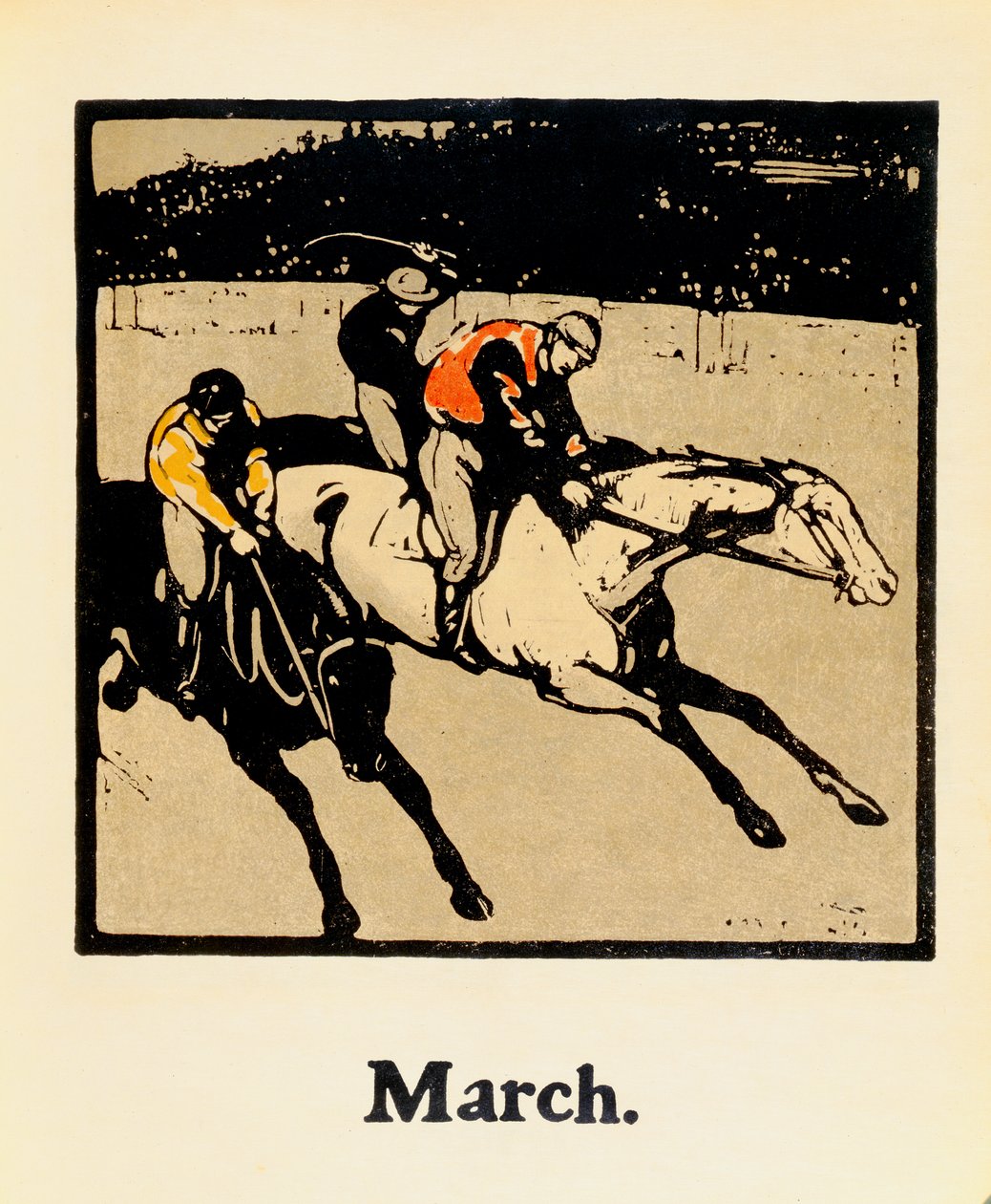 Měsíc březen, z „Almanachu dvanácti sportů“, se slovy Rudyarda Kiplinga, poprvé publikoval William Heinemann od William Nicholson