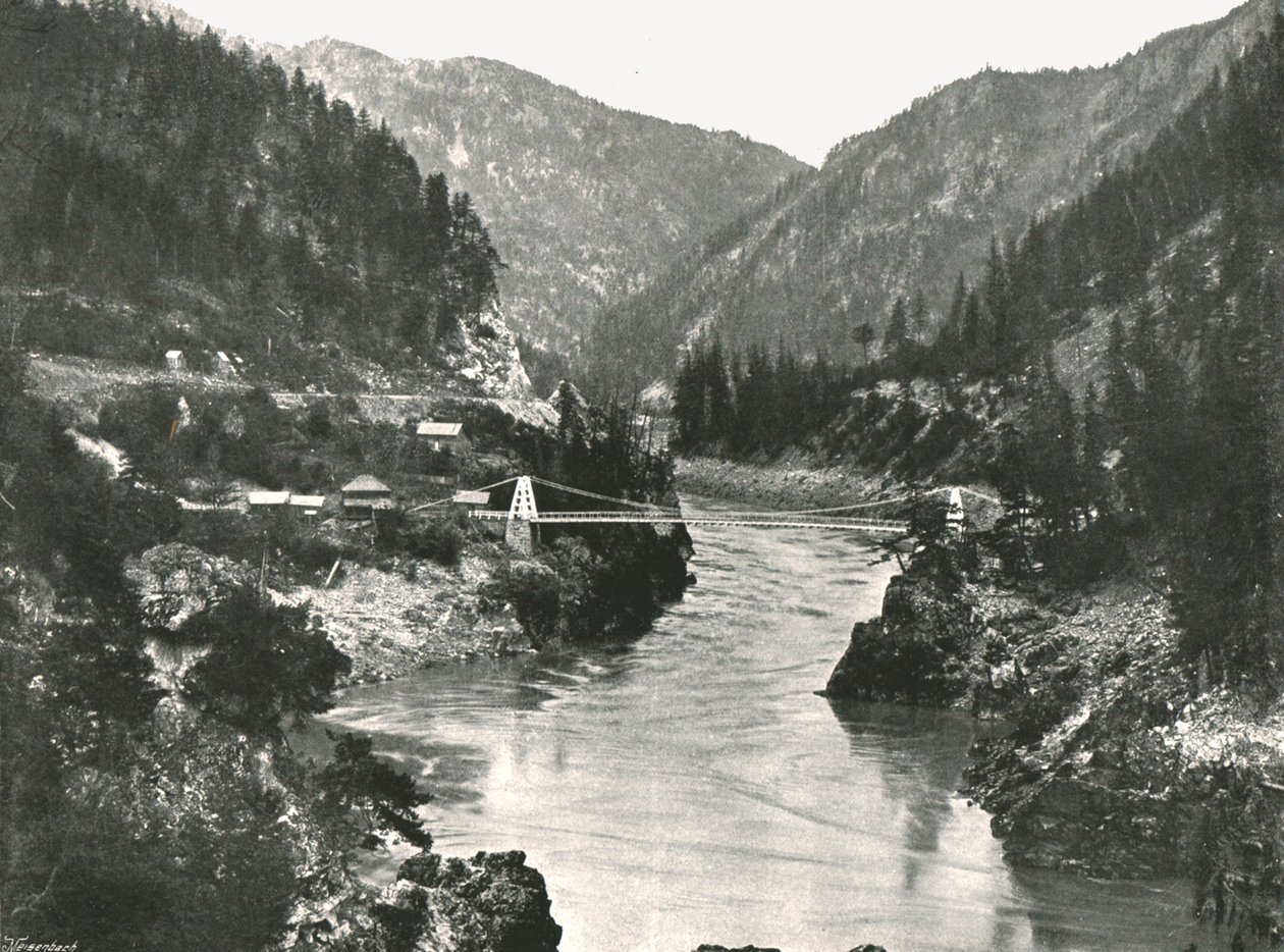 Skalnaté hory: Fraser Canyon a Cariboo Road Bridge, poblíž Spuzzum, Kanada, 1895. od William Notman and Son