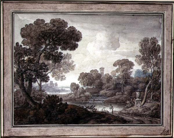 Klasická krajina, cca 1770 (pero, inkoust a akvarel na papíře) od William Oram
