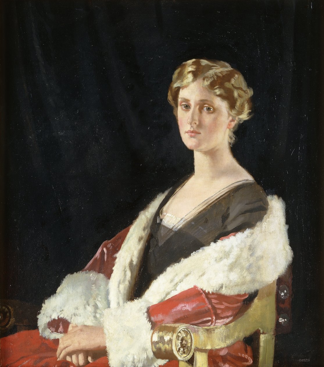 Portrét Nancy Oswald Smith, sedící napůl délky, v červeném kabátě s kožešinou, 1915 od William Orpen