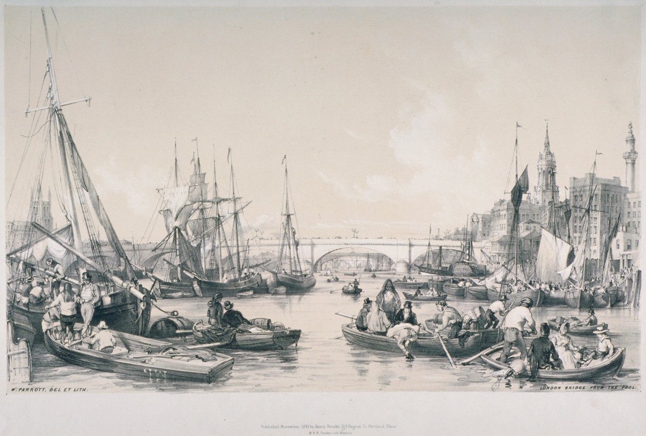 Pohled na nový London Bridge z bazénu řeky Temže, 1841 od William Parrott