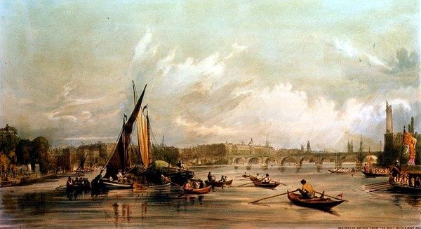Waterloo Bridge ze západu se závodem lodí (litho) od William Parrott