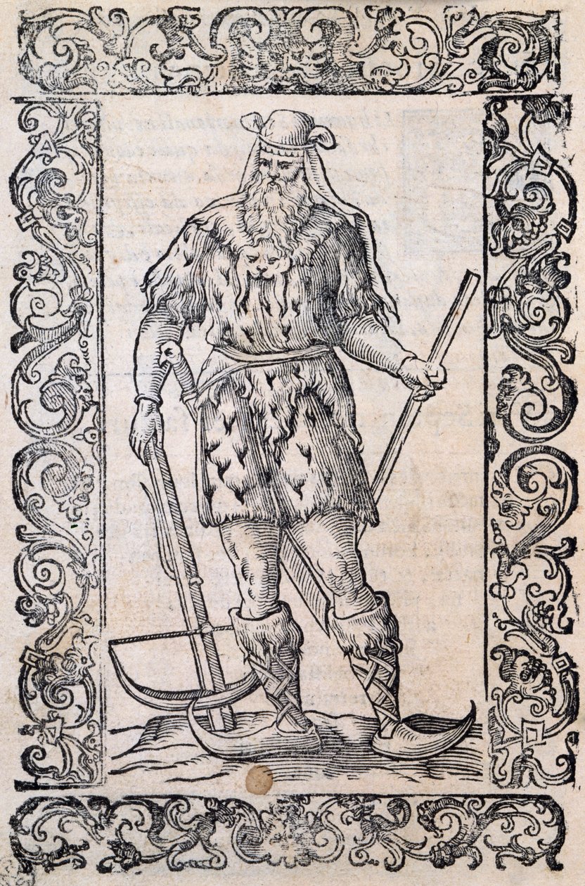 Muž s kožešinovými šaty, kuší a botami se zkroucenou špičkou (příklad základních lyží), ilustrace připisovaná Cesare Vecellio (1521-1601), vydaná v Itálii v 16. století od Nicolas Toussaint Charlet