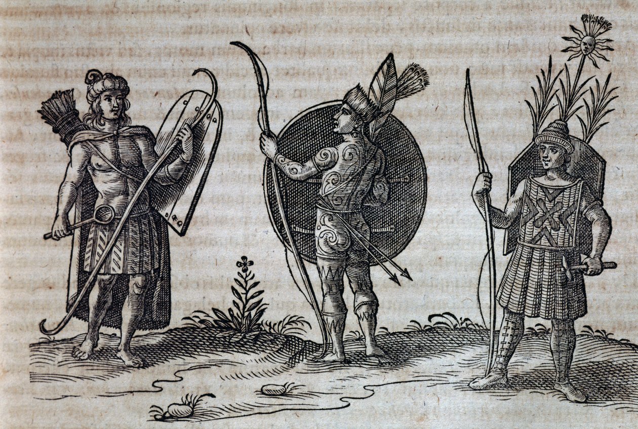 Typy francouzských kanadských indiánů, ilustrace z Description of Nouvelle-France od Nicolas Toussaint Charlet