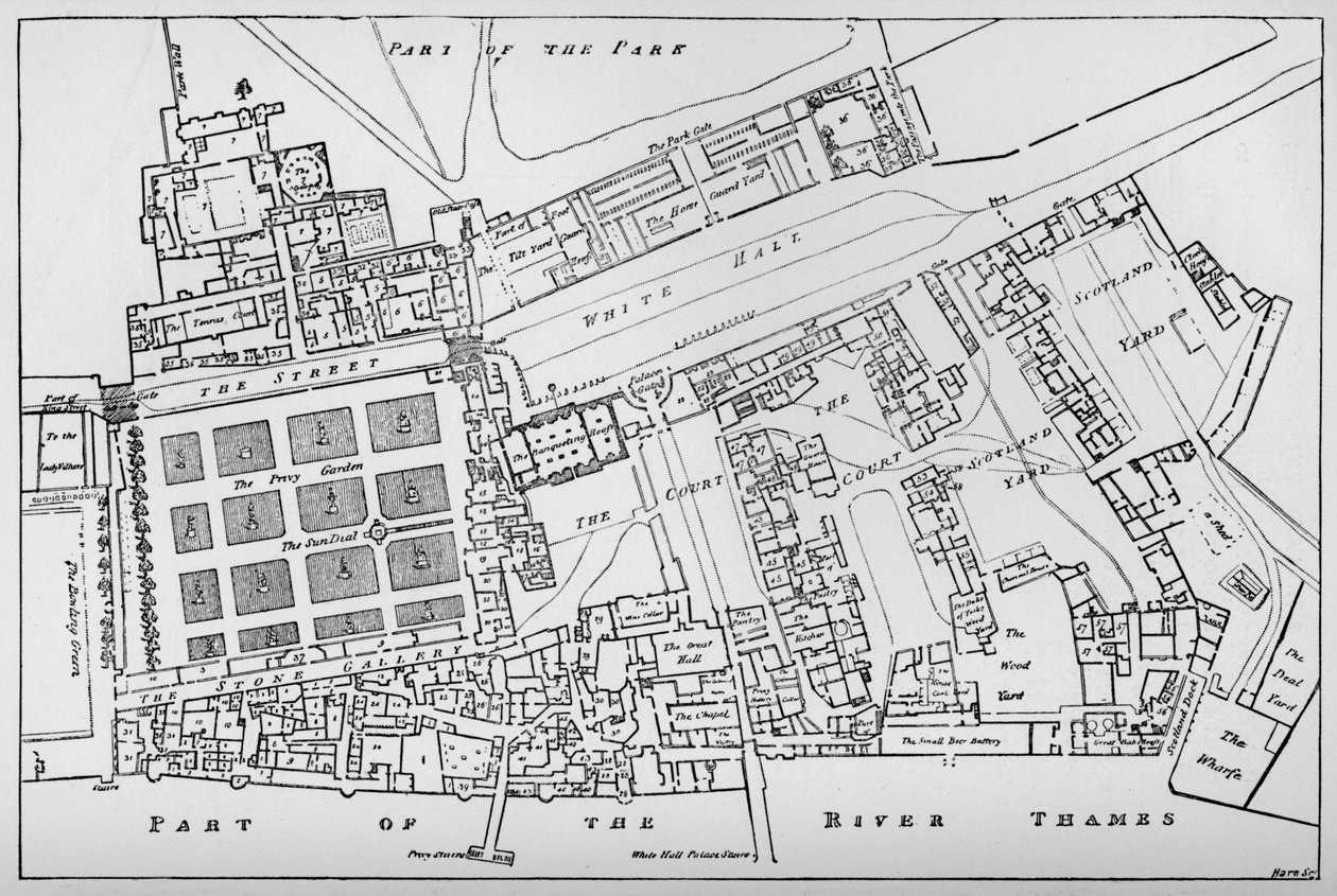 Zmenšená kopie Fishersova půdorysu královského paláce Whitehall, pořízeného za vlády Chara od William Patten