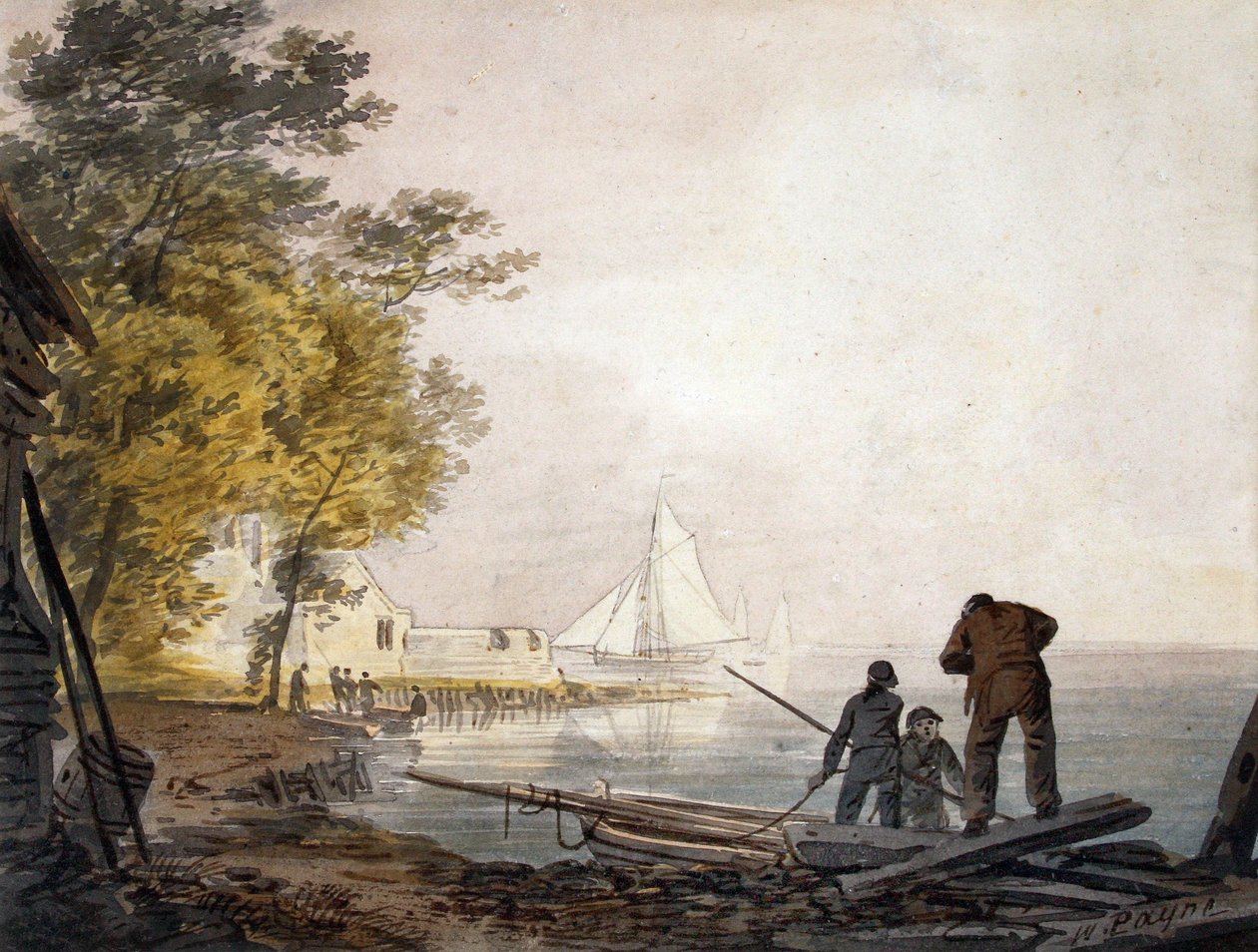 Hrad Cowes s lodníky na břehu (akvarel) od William Payne