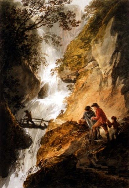 Krajina s vodopádem (tužka a akvarel na papíře) od William Payne