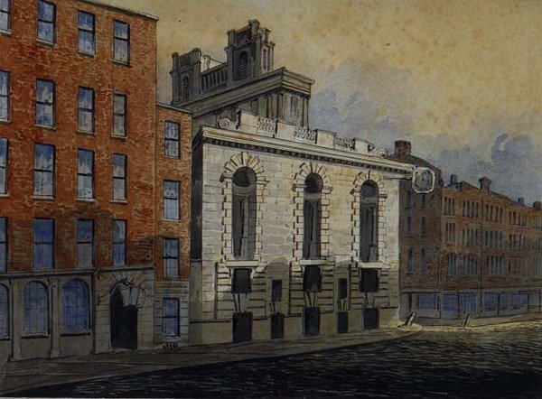Lombard Street South, se St. Mary Woolnoth, kolem roku 1815 (akvarel) od William Pearson