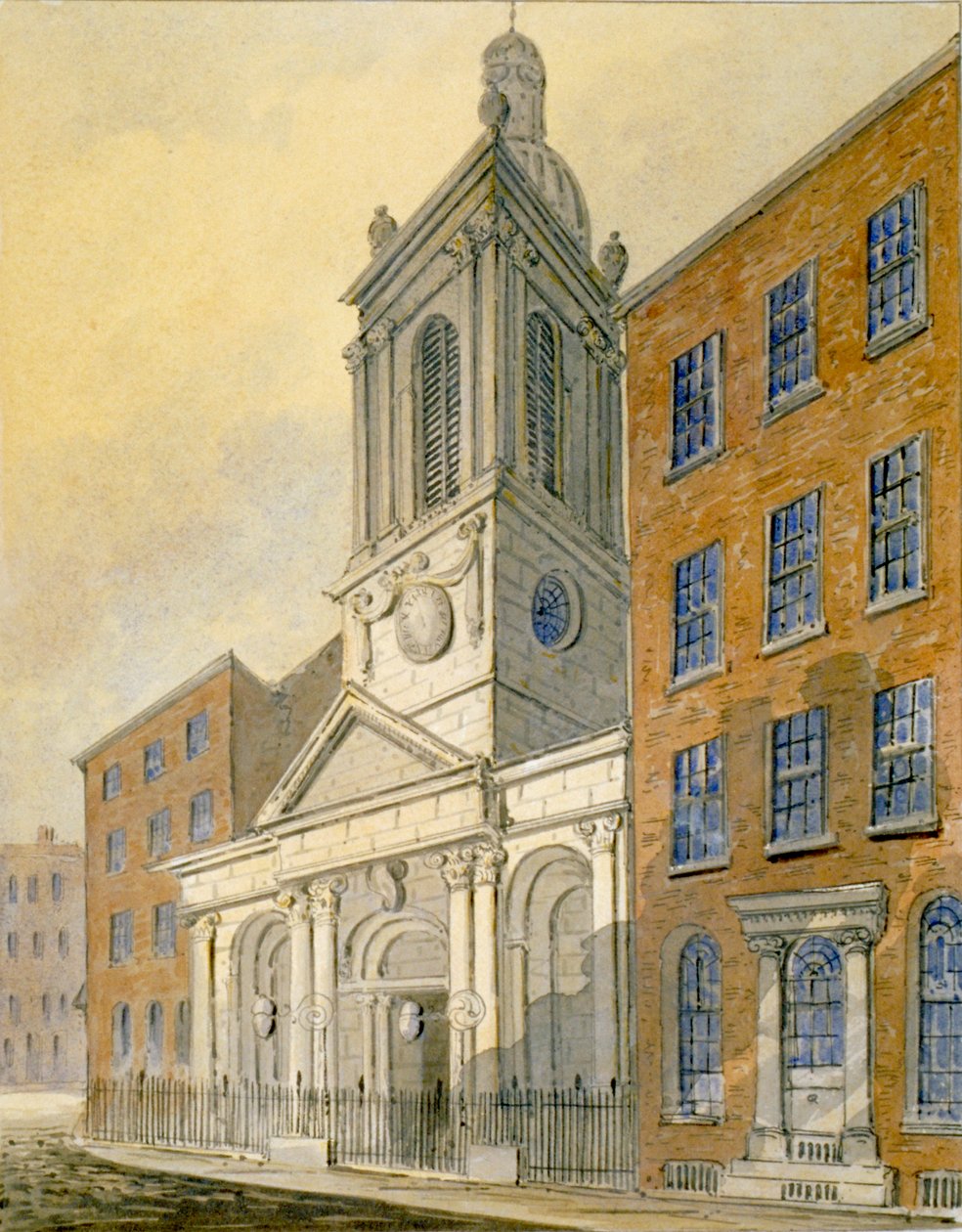 Severovýchodní pohled na kostel St Peter-le-Poer a Old Broad Street, City of London, 1815 od William Pearson