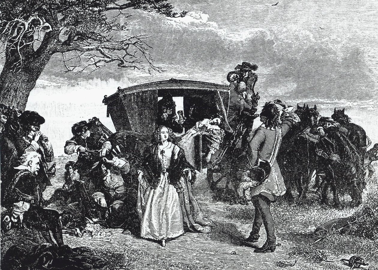 Highwayman Claude Duval zobrazený v legendárním okamžiku, kdy si odmítne vzít všechnu svou kořist, pokud s ním manželka jeho oběti zatančí „courante“ na Hounslow Heath (rytina) od William Powell (after) Frith