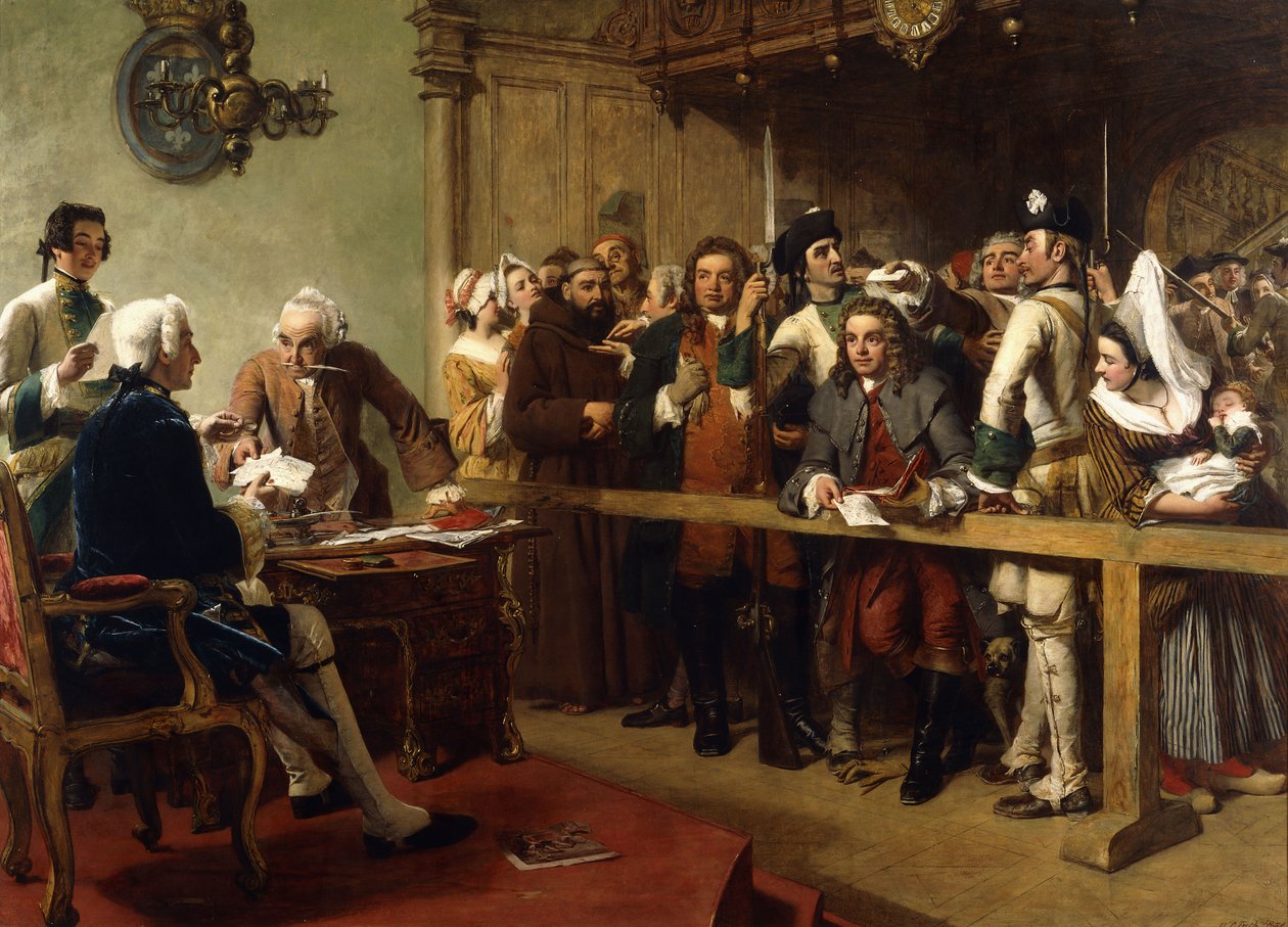 Hogarth předveden před guvernéra Calais jako špión, 1851 od William Powell Frith