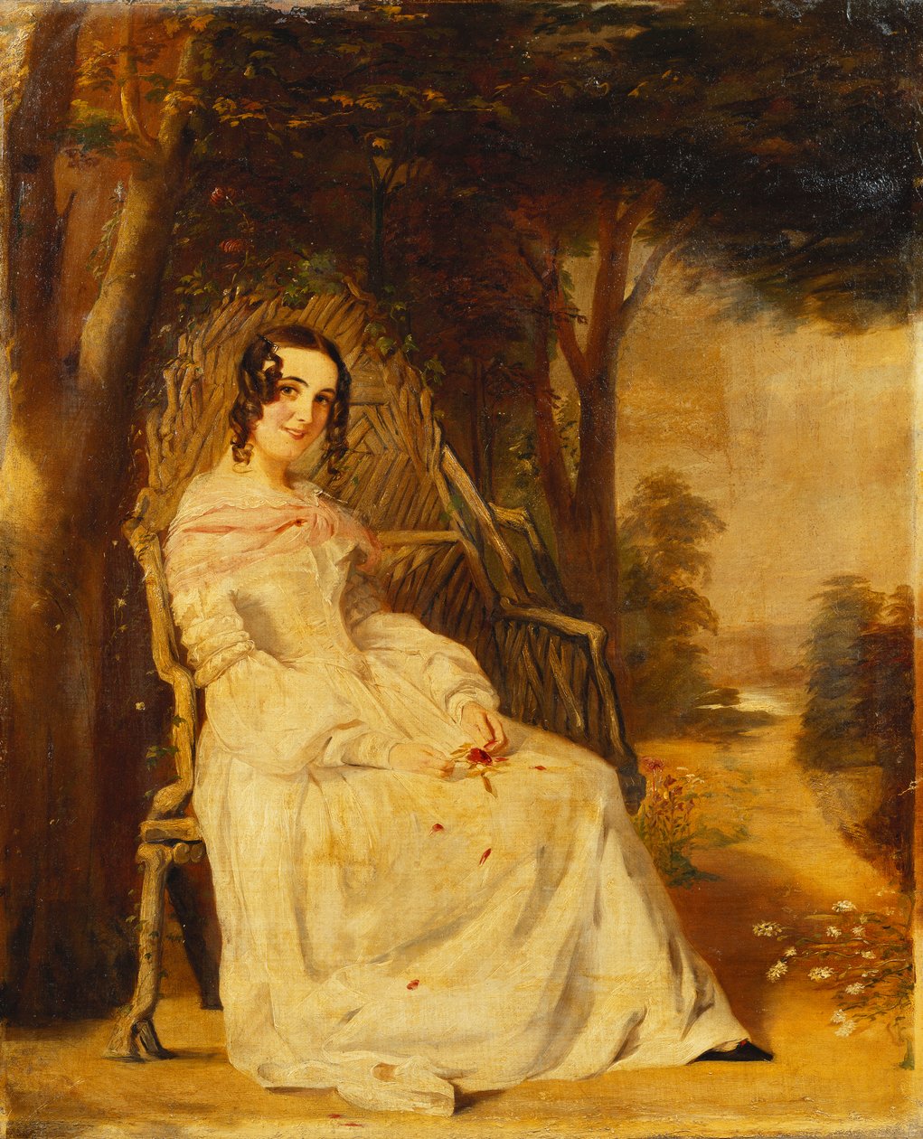 Portrét Mary Freerové sedící malá po celé délce na zahradním sedadle, od William Powell Frith